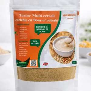 Paquet de 500g de la farine enrichie multi céréales yaaybooy compose de cereales locale enrichie avec du moringa et du bouy