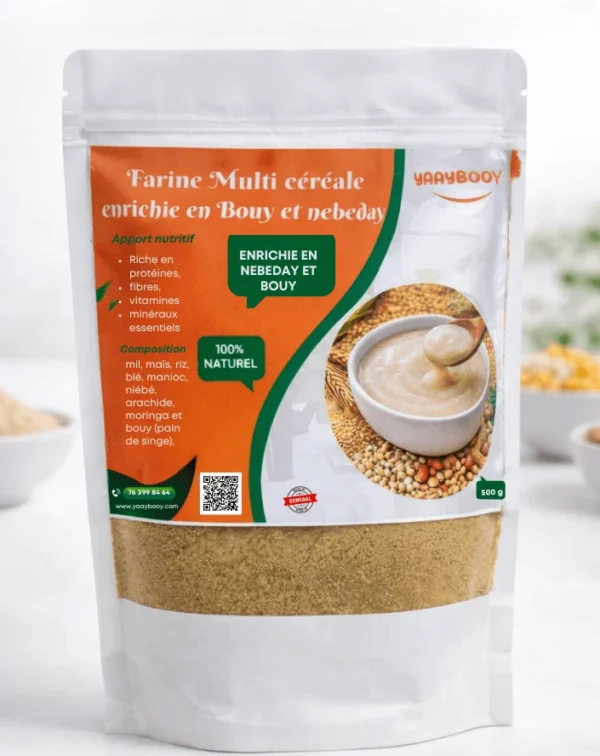 Farine enrichie multi céréales yaaybooy Paquet de 500g de la farine enrichie multi céréales yaaybooy compose de cereales locale enrichie avec du moringa et du bouy
